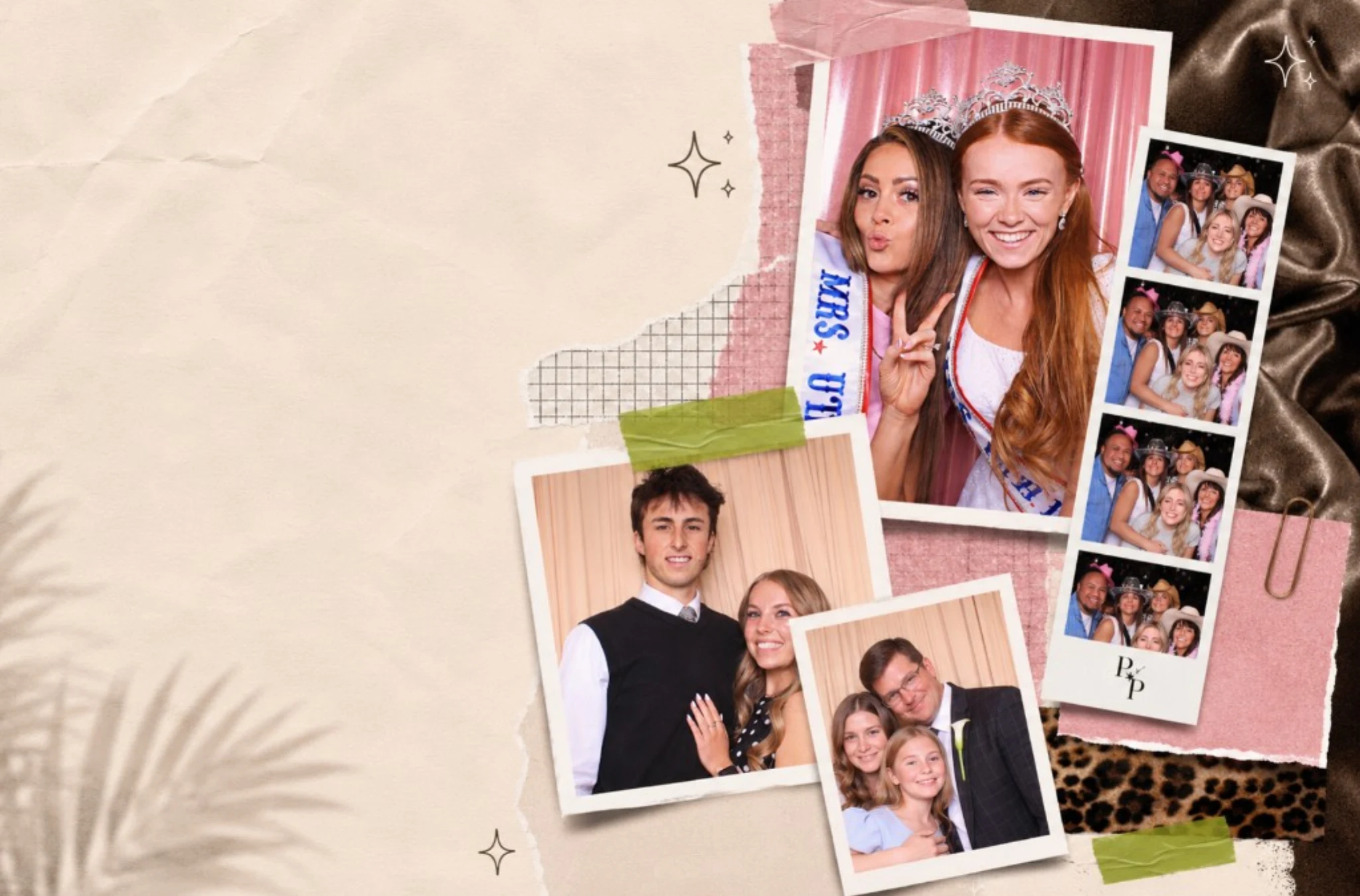 Proof Of Party hero collage — photo booth prints, photo strip, tape, and sparkle accents