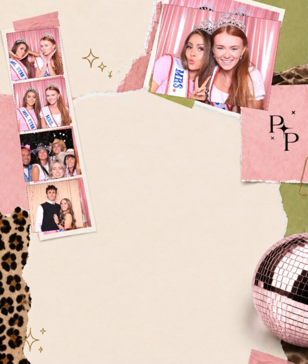 Proof Of Party hero collage — Mrs. Utah prints, photo strip, disco ball, and sparkle accents